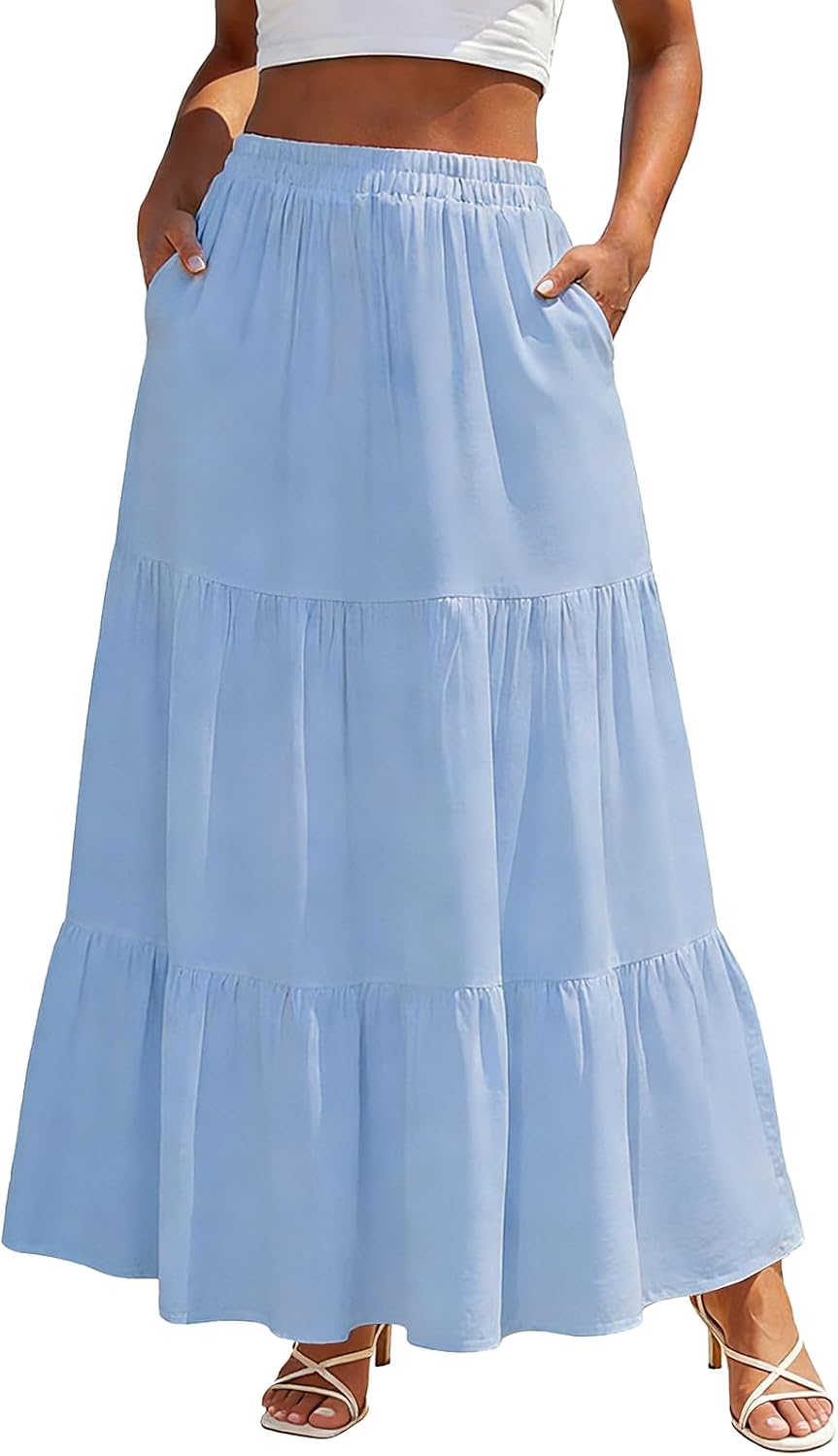 Womens Boho Maxi Skirt Summer Casual High Waisted A Line Flowy Long Skirts with Pockets