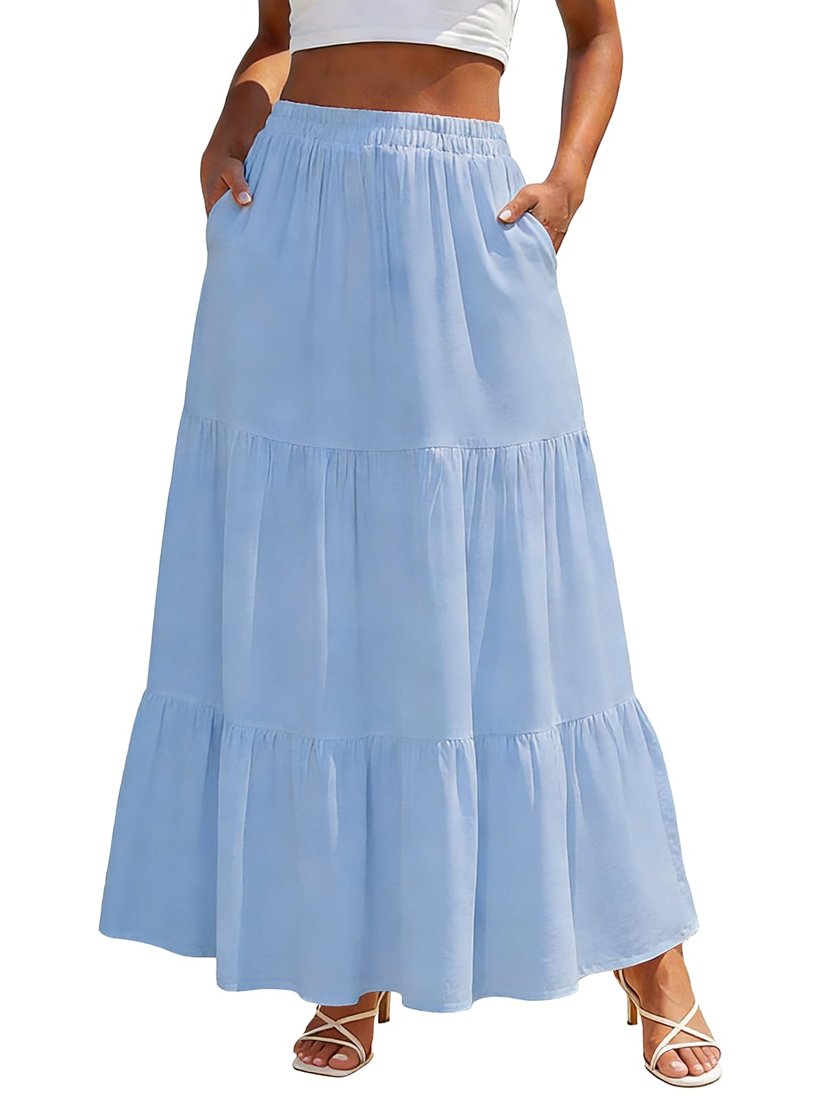 Rorzain Long Skirts for Women 2026 Summer Boho Beach Vacation Clothes Pleated High Waisted Flowy Maxi Skirt with Pockets