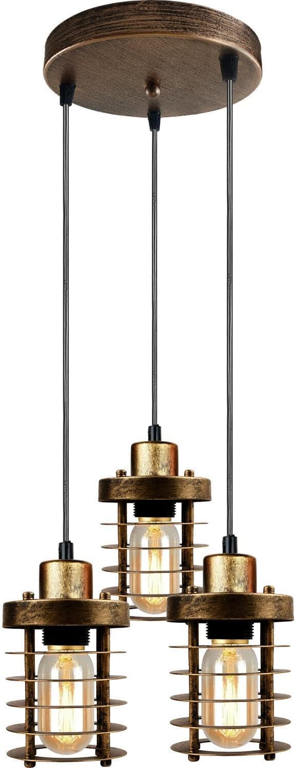 LEDSone Modern 3 Head Pendant Light 10cm Metal Cage E27 Adjustable Retro Ceiling Lighting Fixture for Living Room Kitchen Dining Room Bedroom Cafe Restaurant Brushed Copper with Bulb
