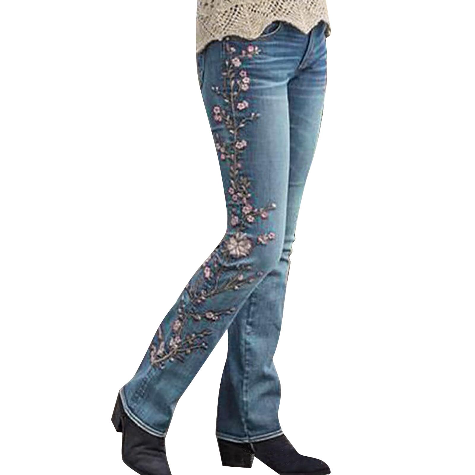 JOFOWWomen Retro Jeans High Waisted with Pocket Slim Fit Boot Cut Jeans for Women Flower Embroidered Jeans Trousers