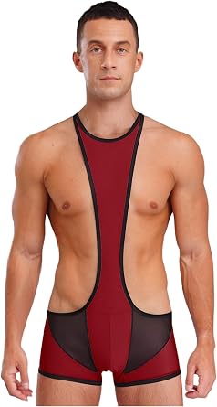Lejafay Mens Competition Wrestling Singlet Mesh & Glossy Contrast Design One-Piece Leotard for Sports