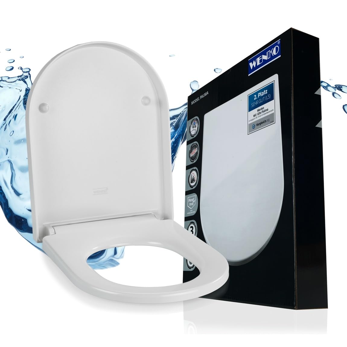 Wenko Palma Premium - Asiento de Inodoro con Dispositivo automático de Descenso y sujeción higiénica de Acero Fino Inoxidable, Antibacterial, duroplástico, Color Blanco