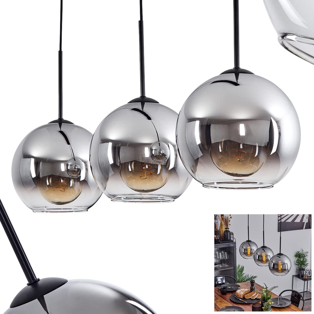 Koyoto Hanging Light, Hanging lamp Made of Metal/Glass in Black/Chrome/Clear, 3-Flame lamp in Vintage/Retro Design with Glass lampshades (Ø 20 cm), max. Height 152.5 cm, 3 x E27, Bulbs not Included