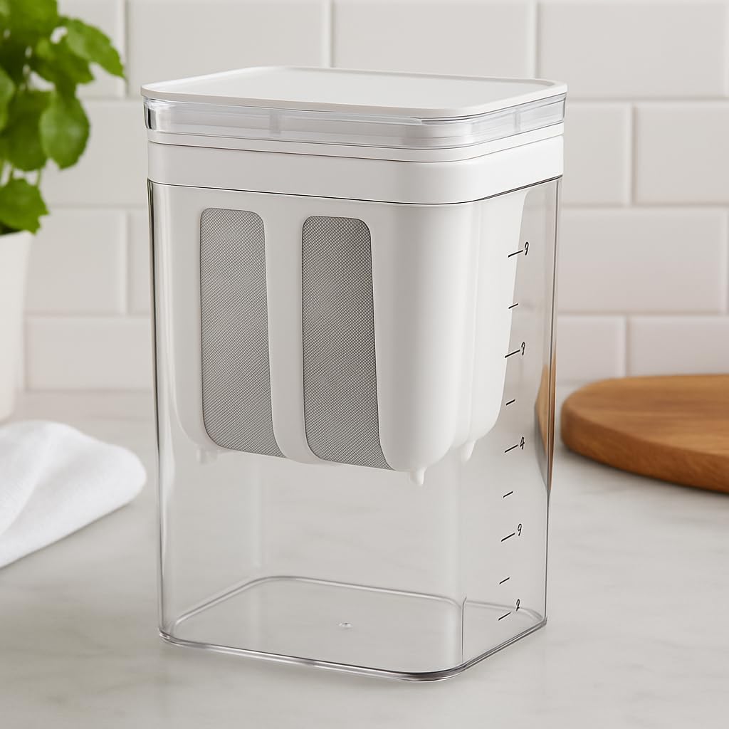 Greek Yogurt & Curd Maker/Fine Mesh Strainer with Lid/Hung Curd Strainer Box/Home Essentials/Hung Curd/Perfect for Homemade Yogurt/Curd/Cheese & More (1100ml),10.5L x 10.5W x 18.5H cm, White