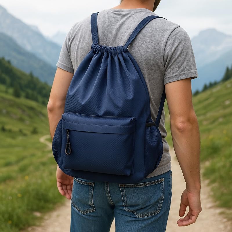 Drawstring Backpack Waterproof, Large Capacity Adjustable Strap Gym Bag for Basketball, Lightweight Sport Backpack (Navy Blue)