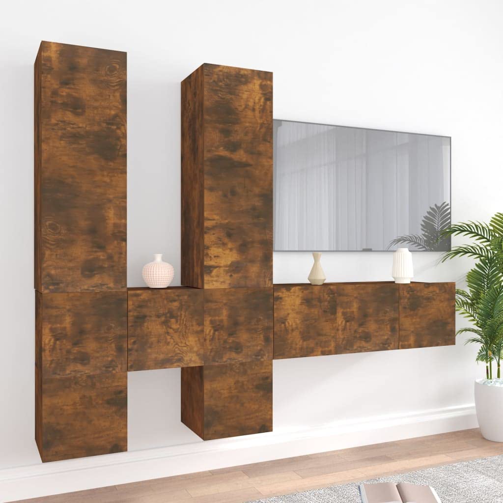 Set mobile TV 7 pezzi legno di ingegneria rovere fumo | Design da parete, ampio spazio di archiviazione, resistente all'umidità, superficie liscia, manuale di montaggio incluso