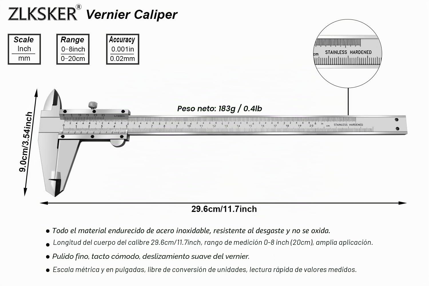 Calibre Vernier micrómetro de 8 pulgadas/20 cm, herramienta de medición de precisión de acero inoxidable (pulgada/métrica), profundidad, precisión 0.001 pulgadas,0.02 mm