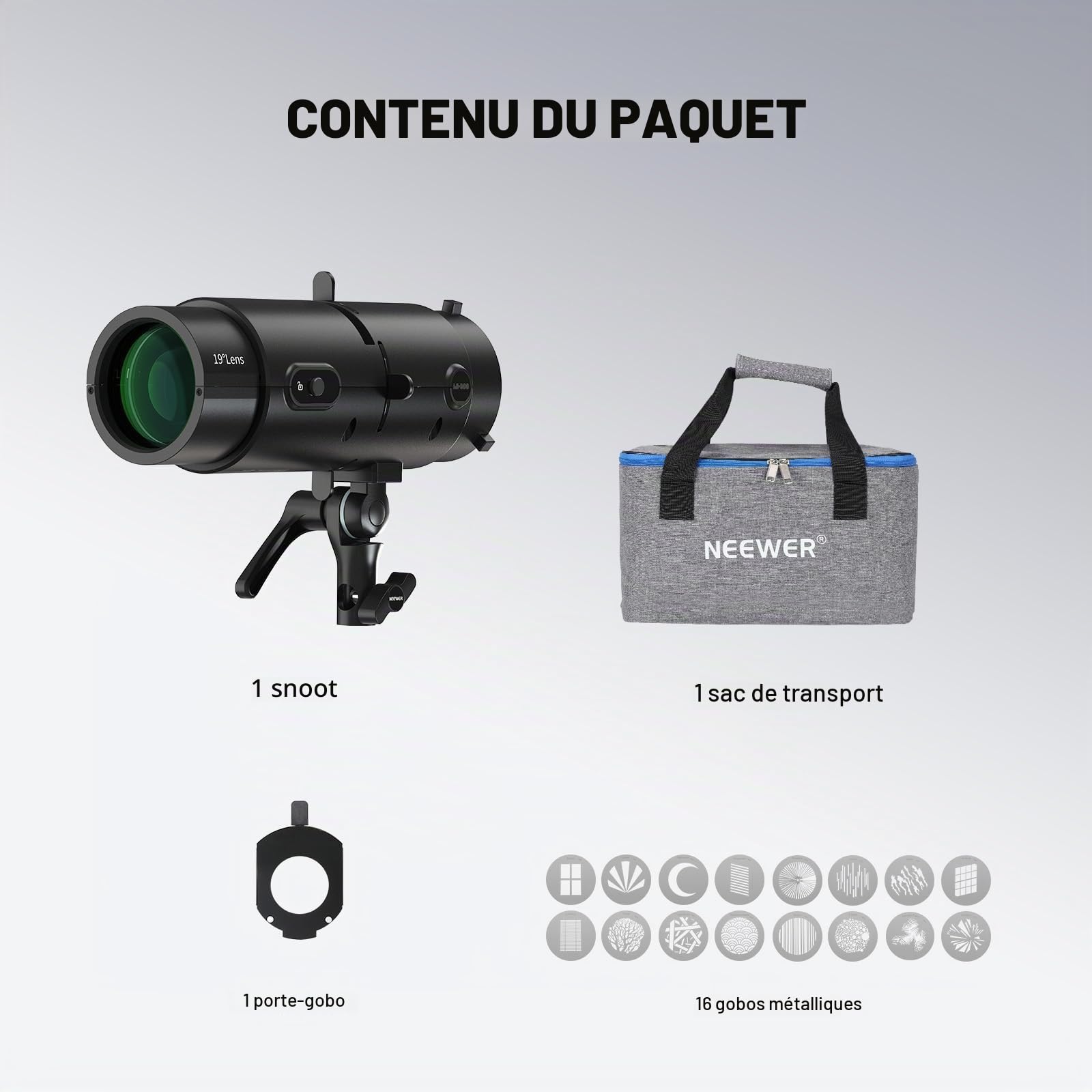 NEEWER LS-300 Spot Optique Snoot pour 300W Bowens Mount LED Vidéo Lumières &16x GOBO 19° lentille de Projection 98% Transmission de Lumière Forme Géométrique pour Photographie Créative & Éclairage