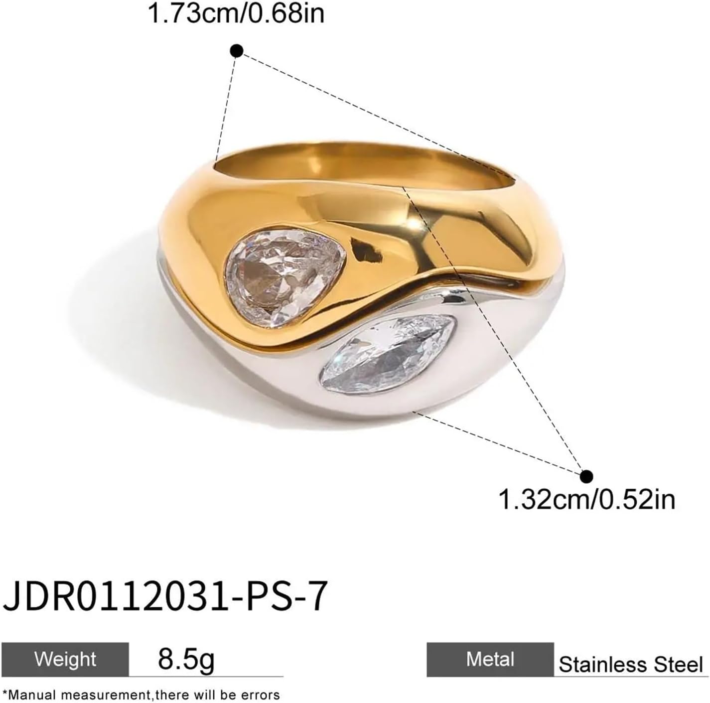 Minimalist Trendy Stainless Steel Two Color White Diamond Double Layers Rings Set Women Jewelry Daily Wear Party 1Pcs