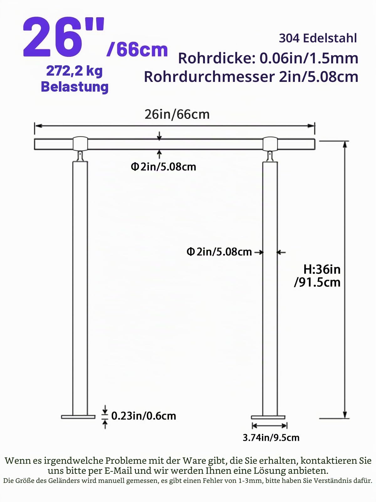 2-stufiger Handlauf für den Außenbereich, DIY 304 Edelstahl, Übergangs-Handläufe mit Installationsset, silbernes Veranda-Treppengeländer für Beton, Ziegel oder Holzstufen, 66 x 91,4 cm