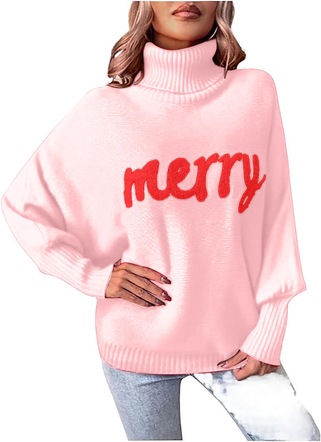 Christmas Sweaters for Women Merry Sweater Oversized Turtleneck Sweaters 2025 Long Batwing Sleeve Xmas Pullover Tops