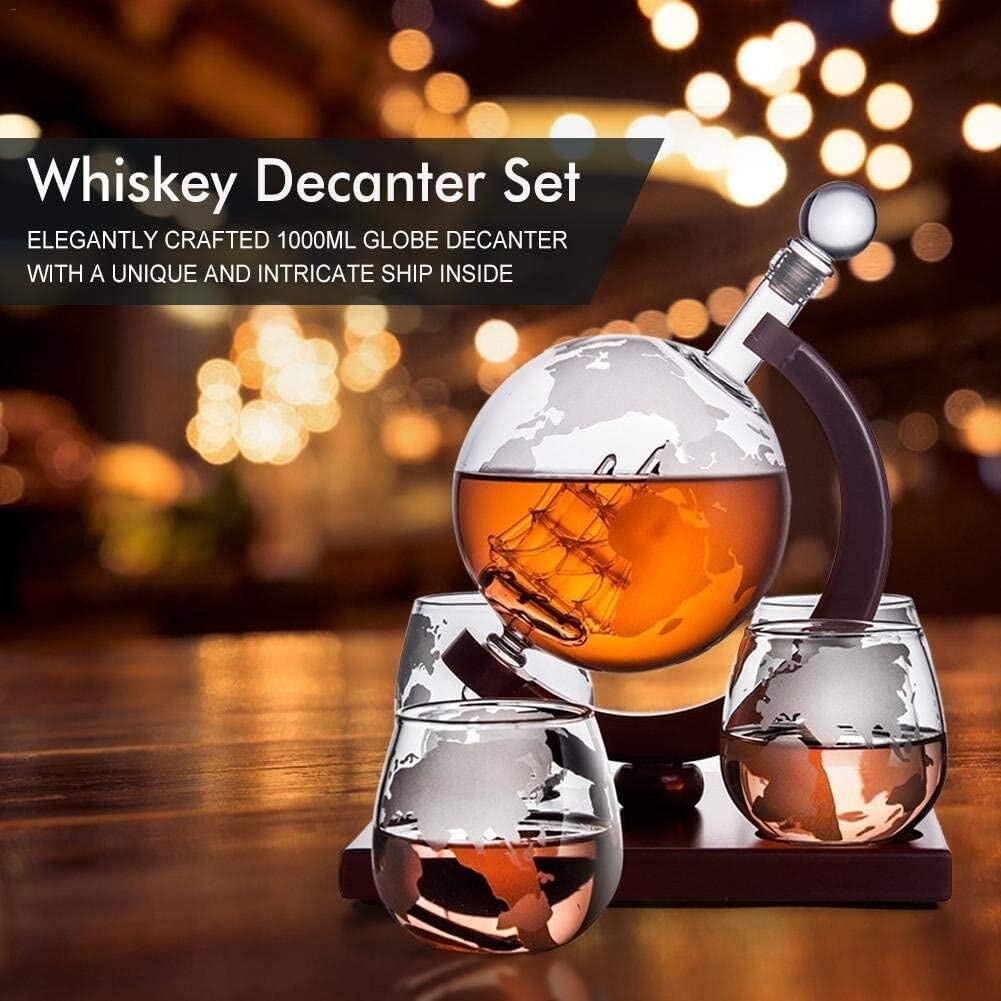 Decantador de jarras de vidrio for el hogar y el pub Juego de decantador de whisky con globo grabado - Jarra de globo de vodka - Decantador de globo de velero de vidrio artesanal de 1000 ml - Los mejo