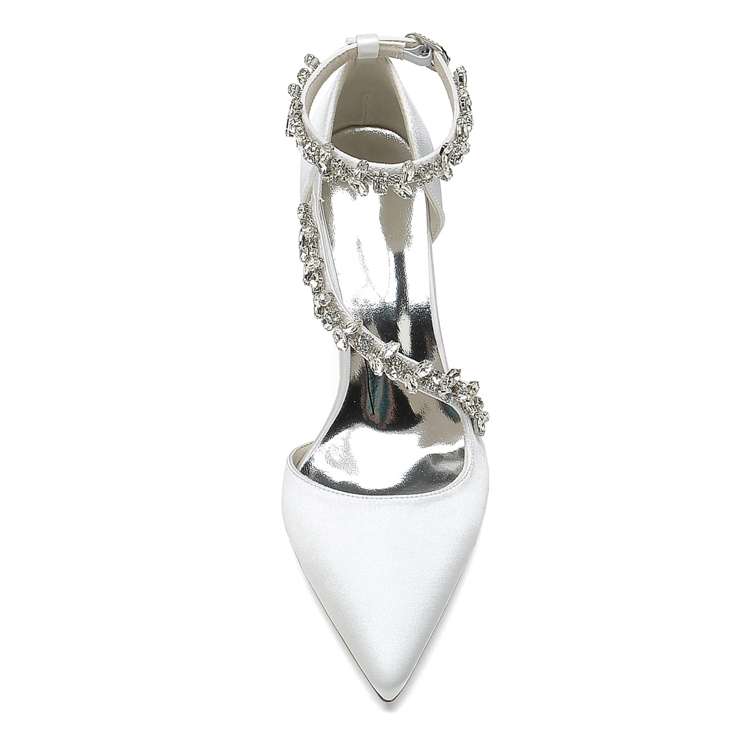 Scarpe da Sposa Tacco Grosso Alto in Raso, Cinturino alla Caviglia con Cristalli, Punta Chiusa per Cerimonia/Matrimonio (Bianco/Argento/Avorio)