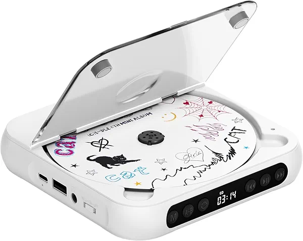 ENVYCLOUD CD Player Portable with Dual Stereo Speakers, Rechargeable Portable CD Player with Bluetooth for Home with Headphones, Support CD/AUX/USB, White