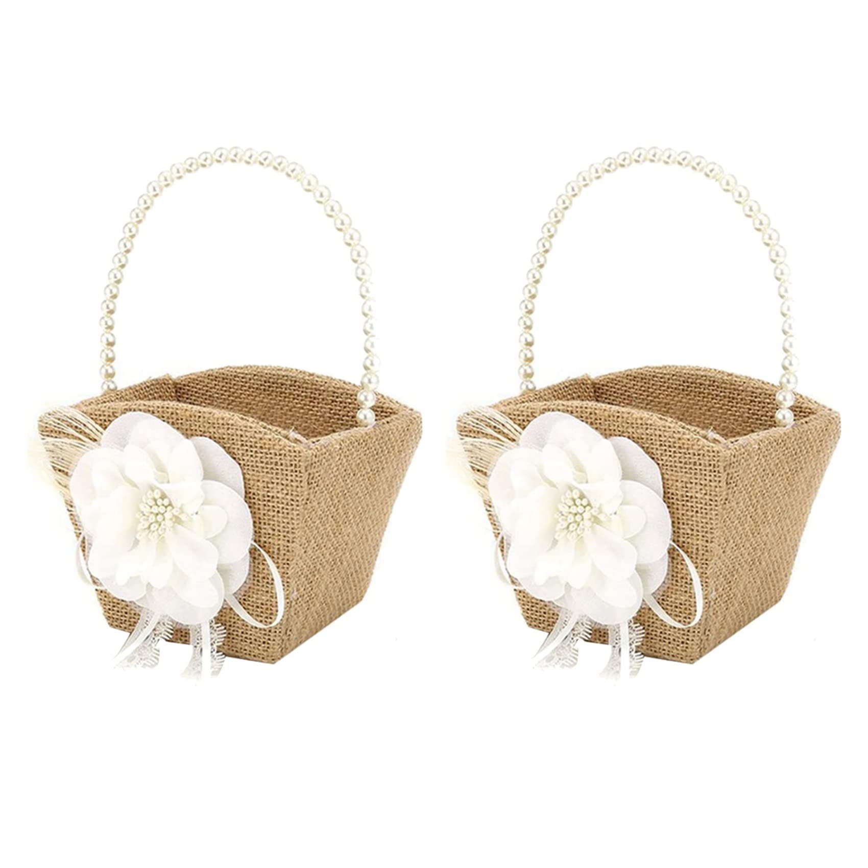 Hndhbfgrt 2X Flower Girl Basket Rustic Burlap for Vintage Rustic Wedding Party Flower Basket with Pearl Handle