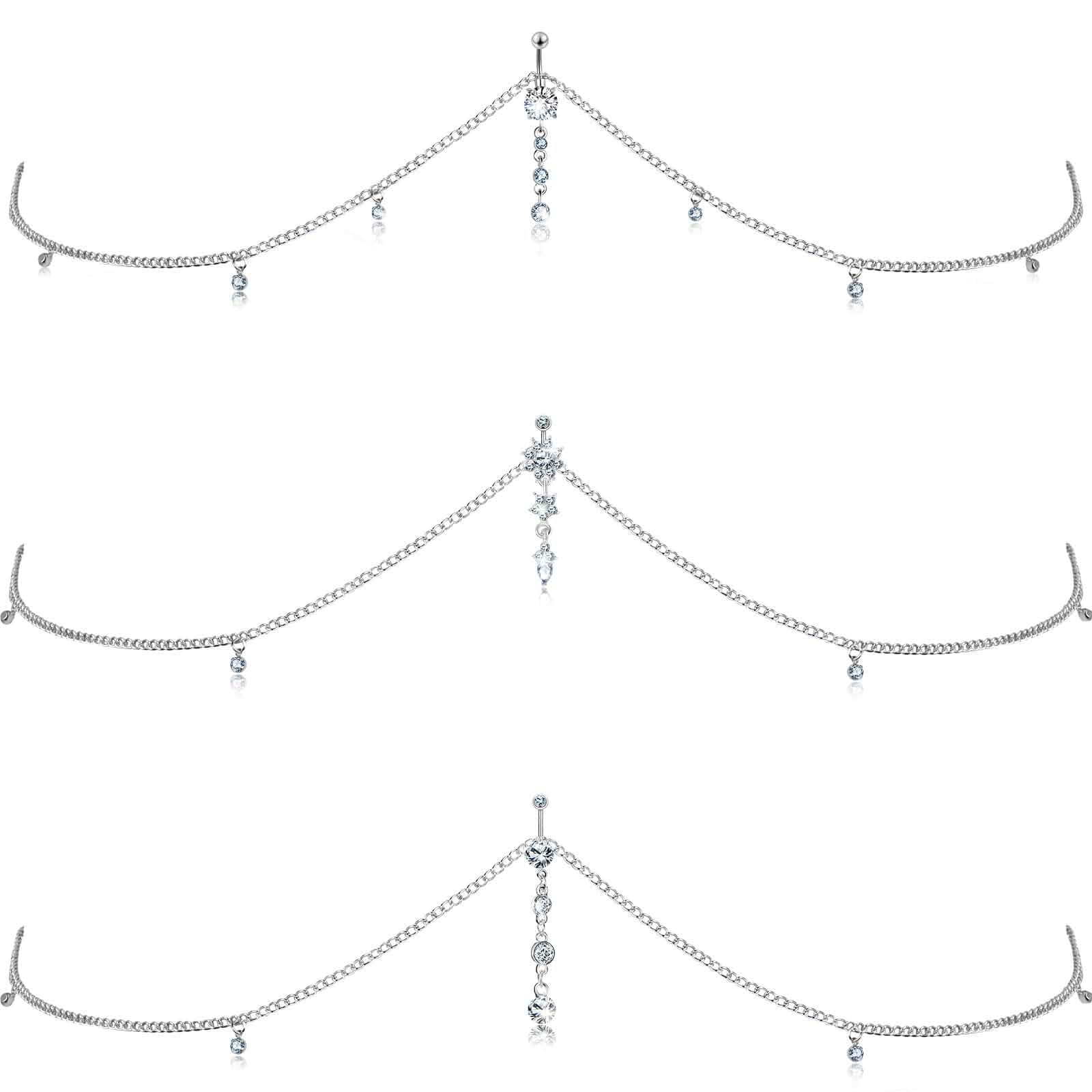 Hicarer 3 Pcs Crystal Belly Chain Body Chain Rhinestone Belly Ring with Chain, Dangly Belly Piercing Button, Bikini Body Chain, Women Adult Waist Decor, Beach Party Gift