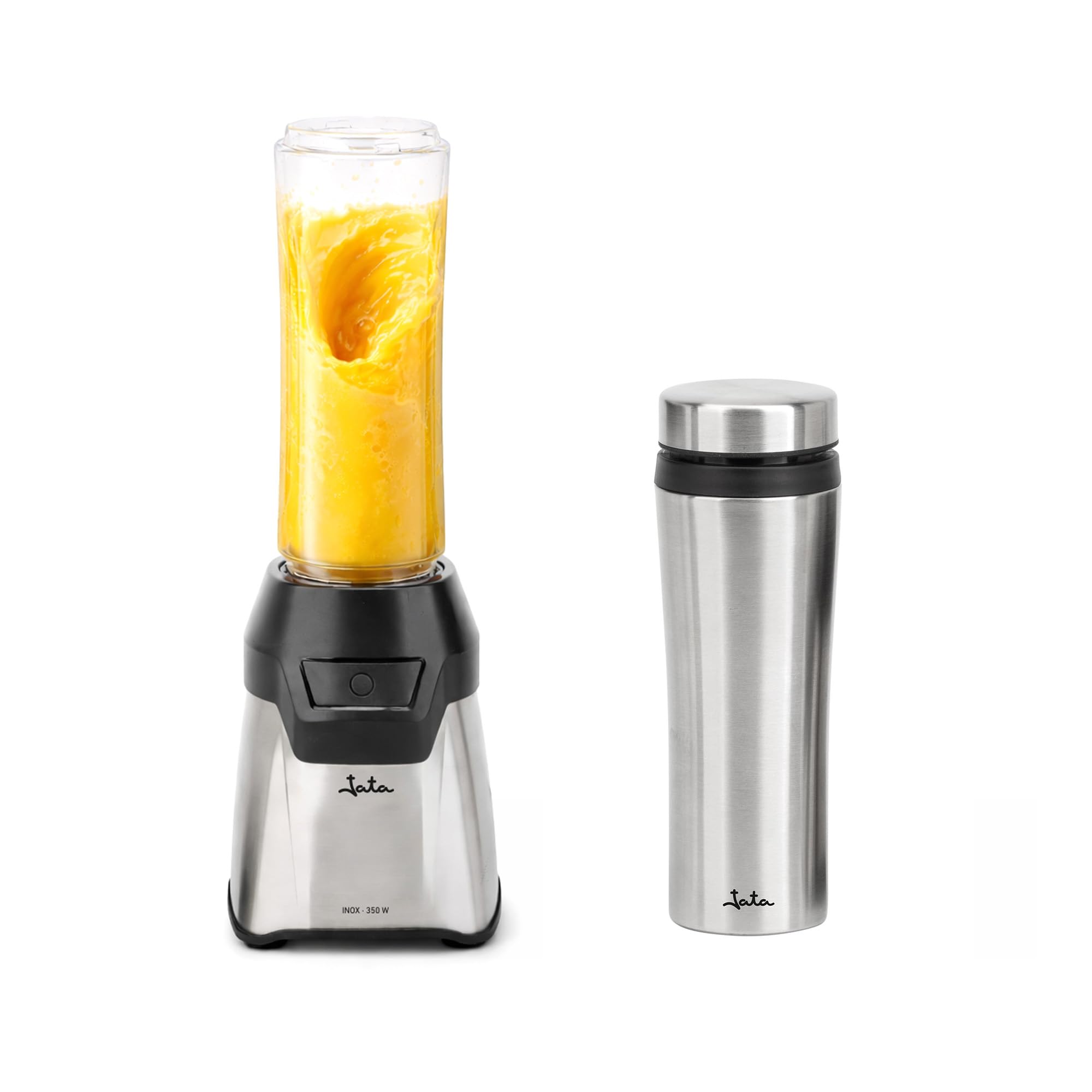 JATA JEBT1011 - Batidora de Vaso Individual 350 W, con 2 Botellas: Botella Deportiva Tritan 600 ml y Botella Termo Inox 435 ml, 4 Cuchillas Extraíbles, para Smoothies y Batidos, sin BPA