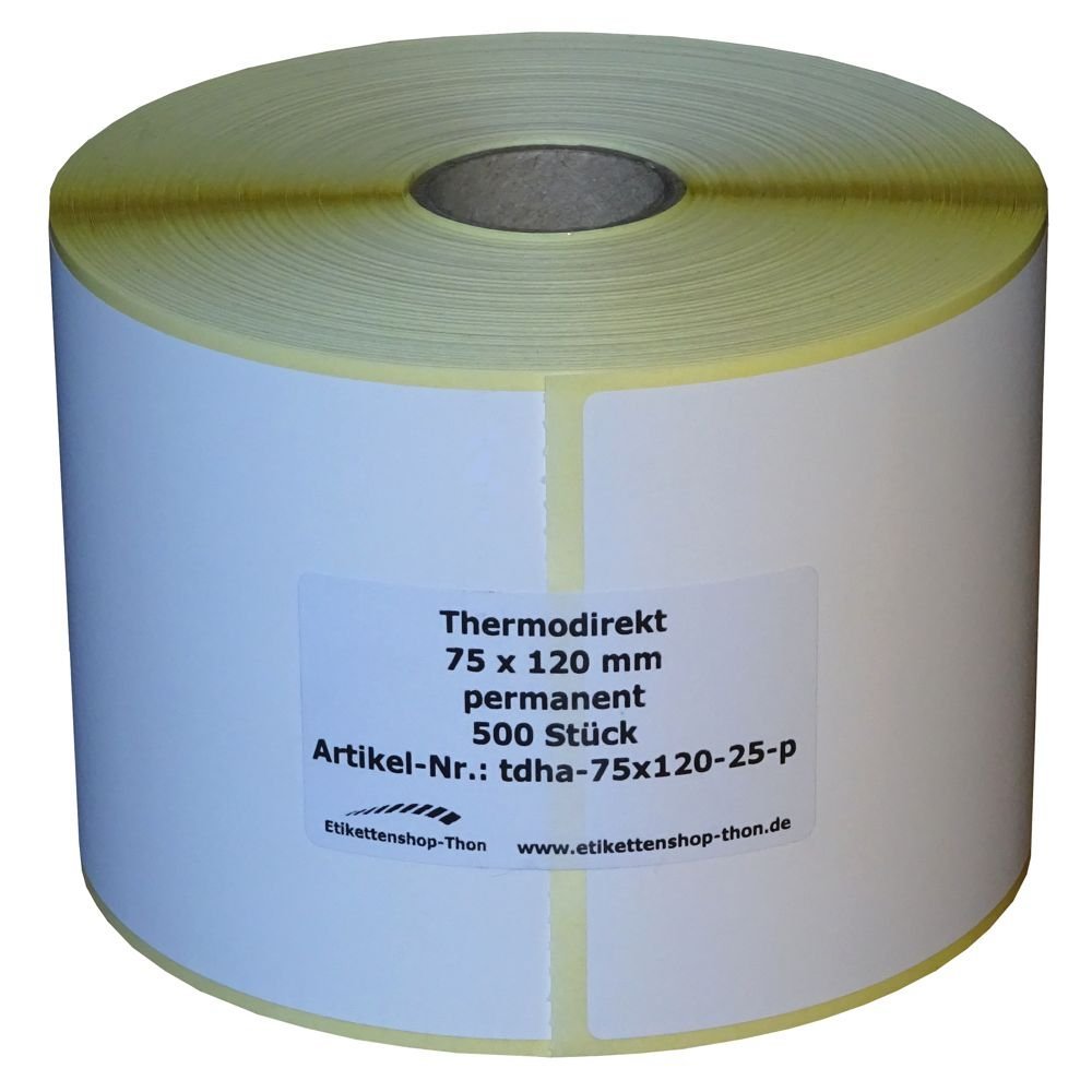 Térmica Rollo de Etiquetas Adhesivas con Perforación – 75 x 120 mm – 2.500 Piezas – Hülse 25 mm – Permanente