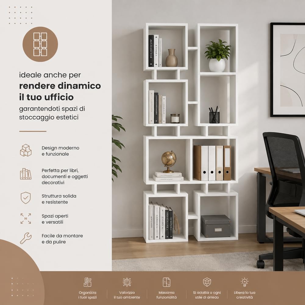 Shally Dogan Libreria a 4 Ripiani Multiscaffale in Legno Design Moderno, Scaffalatura Versatile con Struttura Resistente, Ideale per Soggiorno, Ufficio, Studio, Camera da Letto (Bianco)
