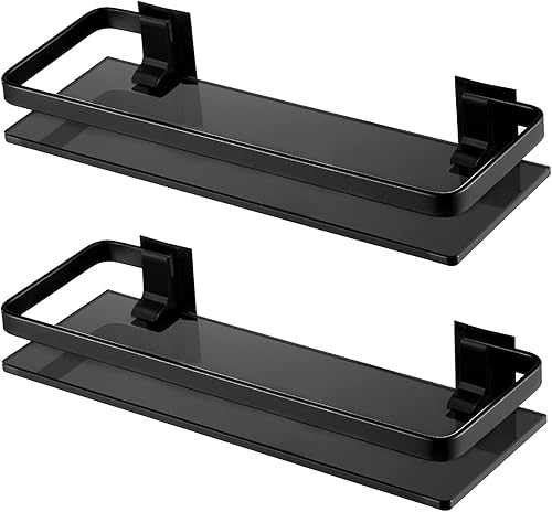 Miniatura 8 de KES Estante de vidrio negro para baño, estante de pared de vidrio templado extra grueso, rectangular, paquete de 2, estante flotante de vidrio de
