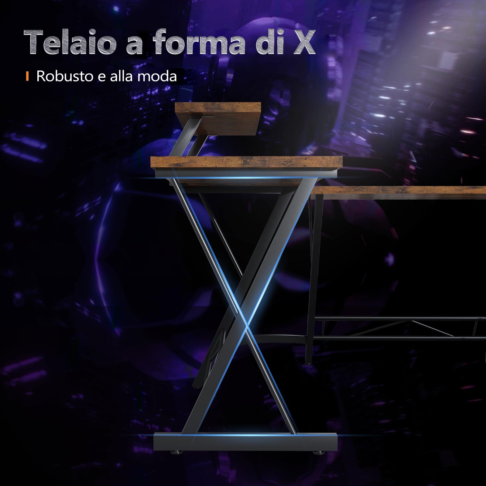 Scrivania Angolare ODK A Forma Di L - Con Supporto Monitor E Ganci Cuffie, 120x80x88 Cm, Marrone