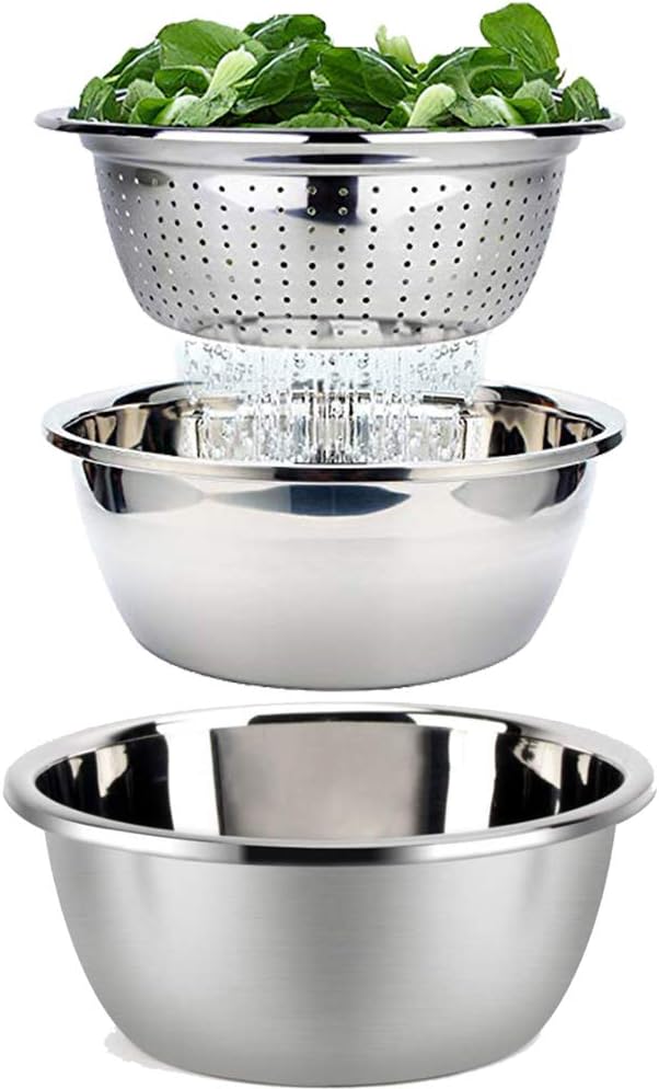 ZENGWAREMixing Bowl and Colander Set Stainless Steel Non Slip Salad Servers Nesting Mixing Bowls for Baking and Cooking Serving Set of 3, Silver, 3/4/4.5L