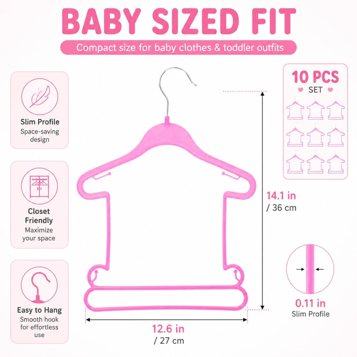 Baby Clothes Hangers: Pink Baby Hangers Plastic for Kids Toddler Girls Clothes Display Clothing Store Nursery Closet Jumpsuit Swimsuit Coat 12.6" 10Pack