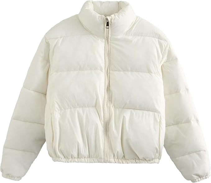 Women's Stand Collar Short Down Coats Long Sleeve Full Zip Cropped