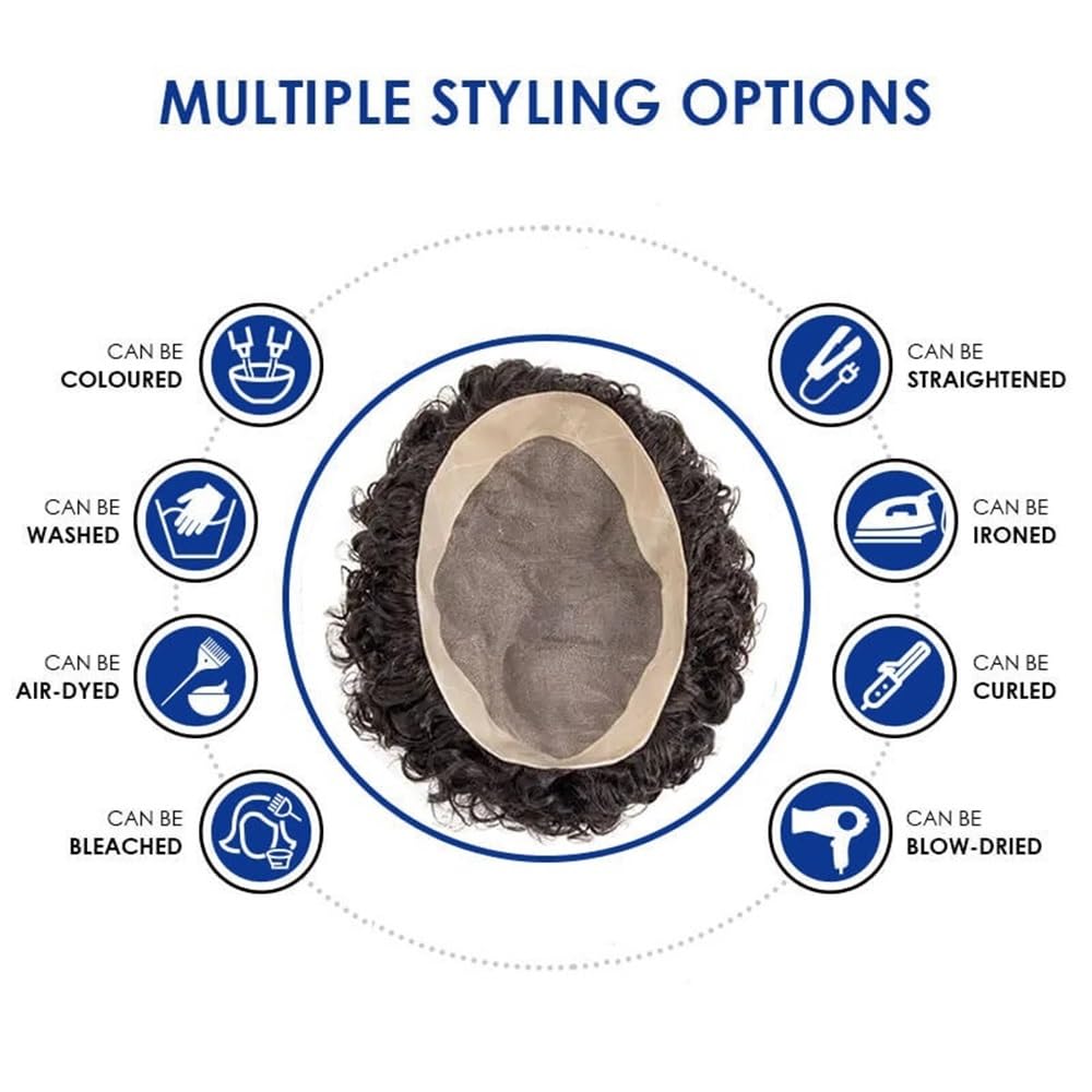 Men's Toupee Protesi for capelli maschili in PU da 20 mm, con pelle attorno ai capelli umani, toupet riccio for uomo, mono superiore(#1B,8x10)