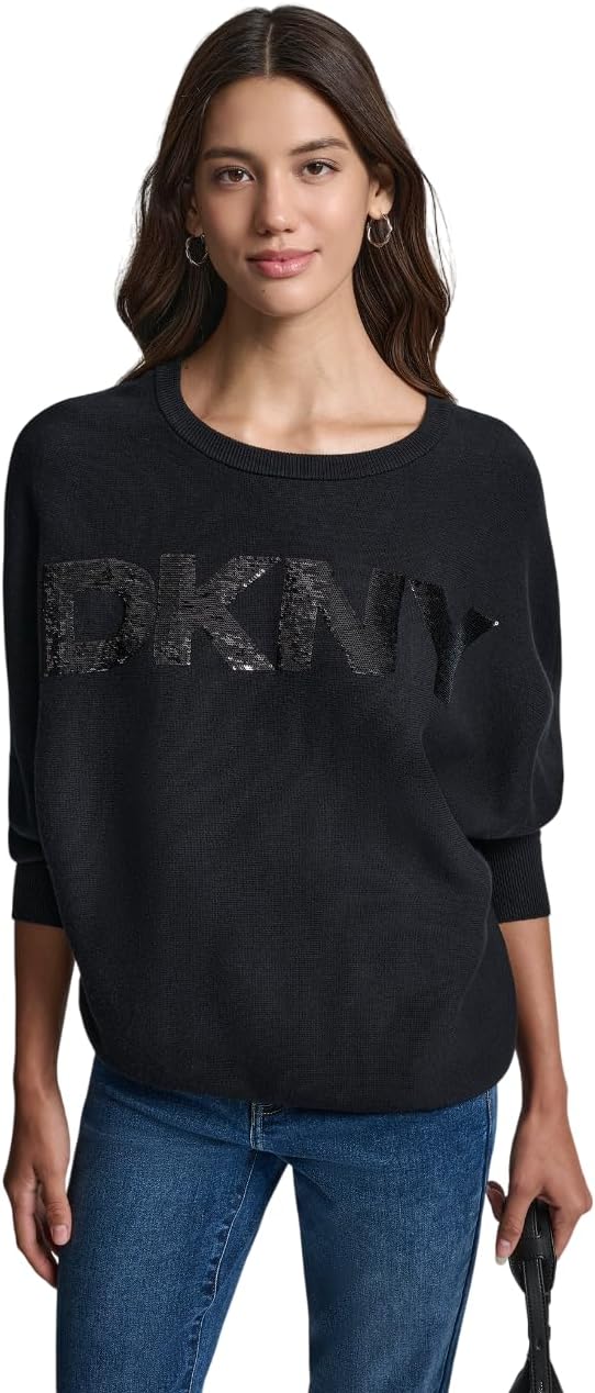DKNY Womens Long Sleeve Crew Neck Logo Sweater