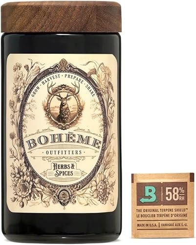 Miniatura 2 de Tarro de vidrio hermético de 1 oz para hierbas y especias. Protección UV de vidrio negro con tapa de madera de nogal y paquete de humedad.