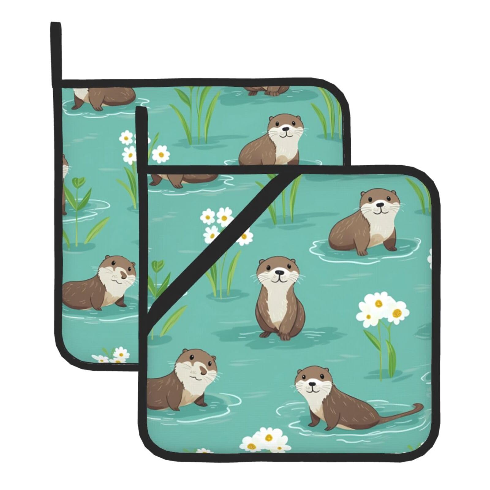 Anabprma Otters Square Pot Holders (Set Of 2), Kitchen Heat Resistant Pot Holders Sets, Oven Mitts, For Bbq Cooking Baking