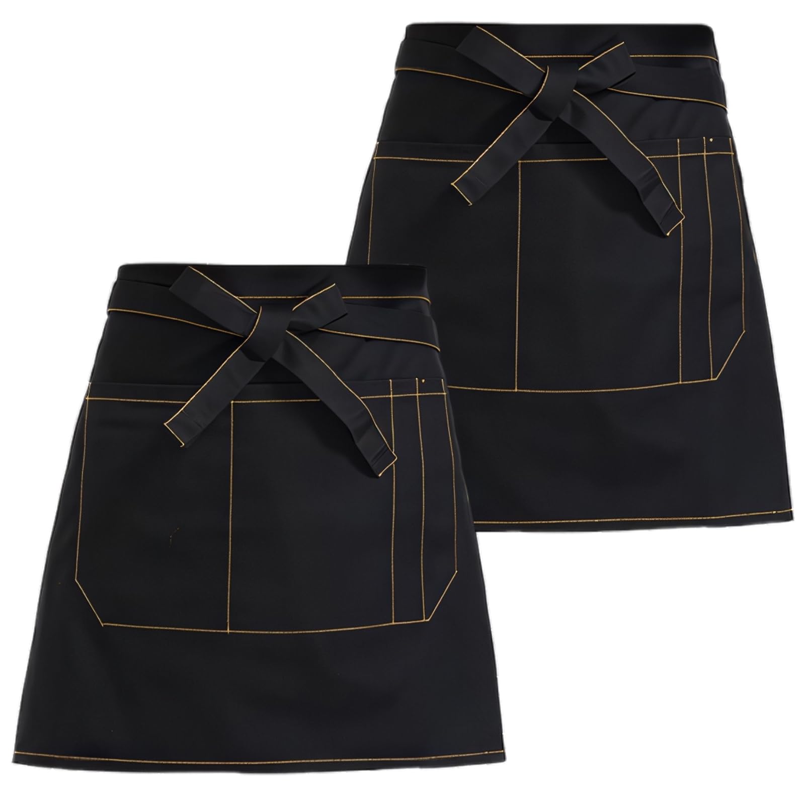Vyanveo 2 Piezas Delantal Camarero Corto, Negro Mandil Camarero Delantales de Cocina con 4 Bolsillos Unisex para Chef Camarero Restaurante Casa Panadero Artesano Bar Bartender(38 * 68cm)