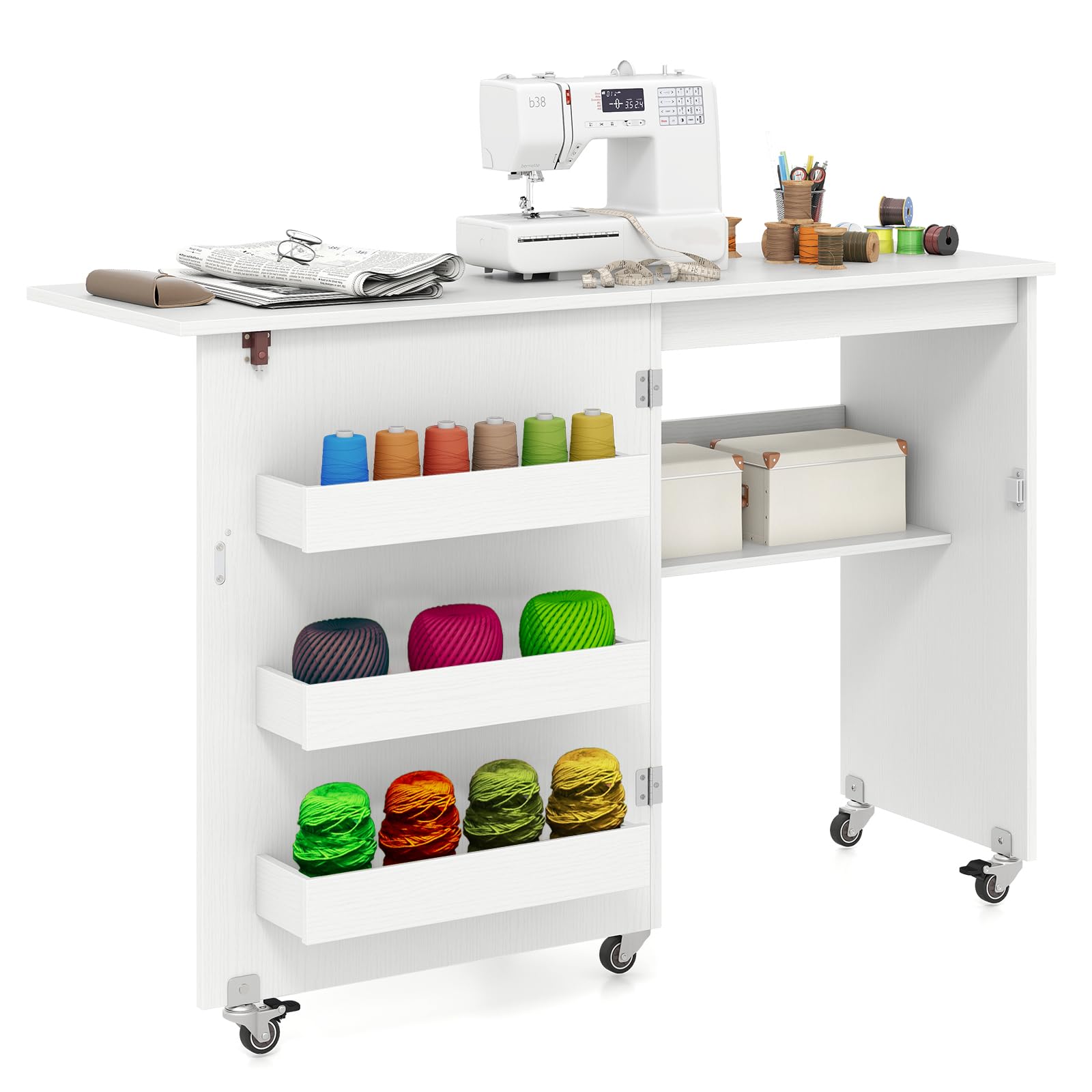 RajoNN Table De Couture Pliante, Table D'artisanat Roulante 2 En 1 Avec étagères De Rangement Et Roulettes Verrouillables, Armoire De Machine à Coudre Peu Encombrante, Bureau