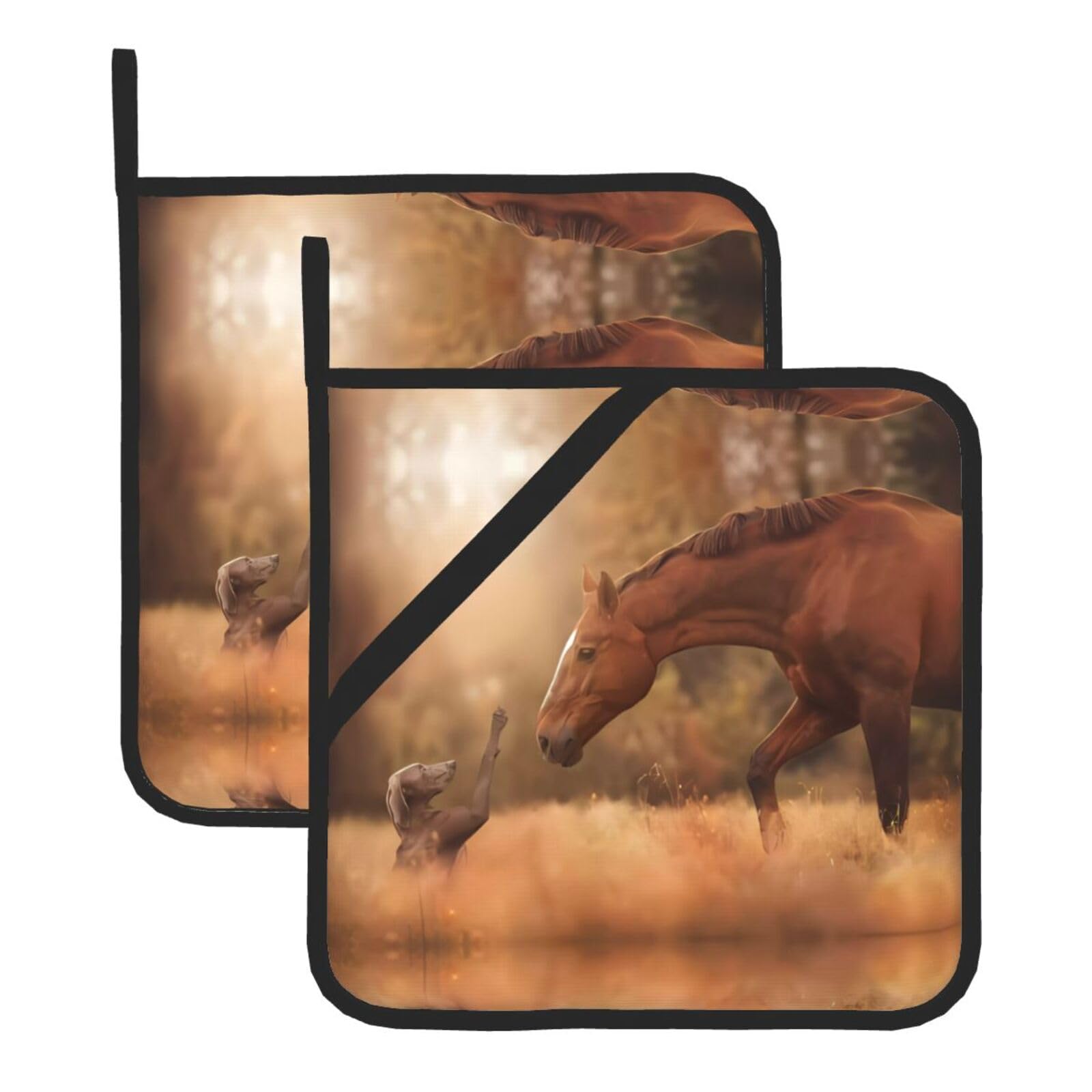 WHJSSF Horse Meets Dog Prints Square Pot Holders - Heat Resistant Kitchen Trivets 2-Pack - Waterproof Covers for Hot Dishes, Oven & Grill with Hanging Loop