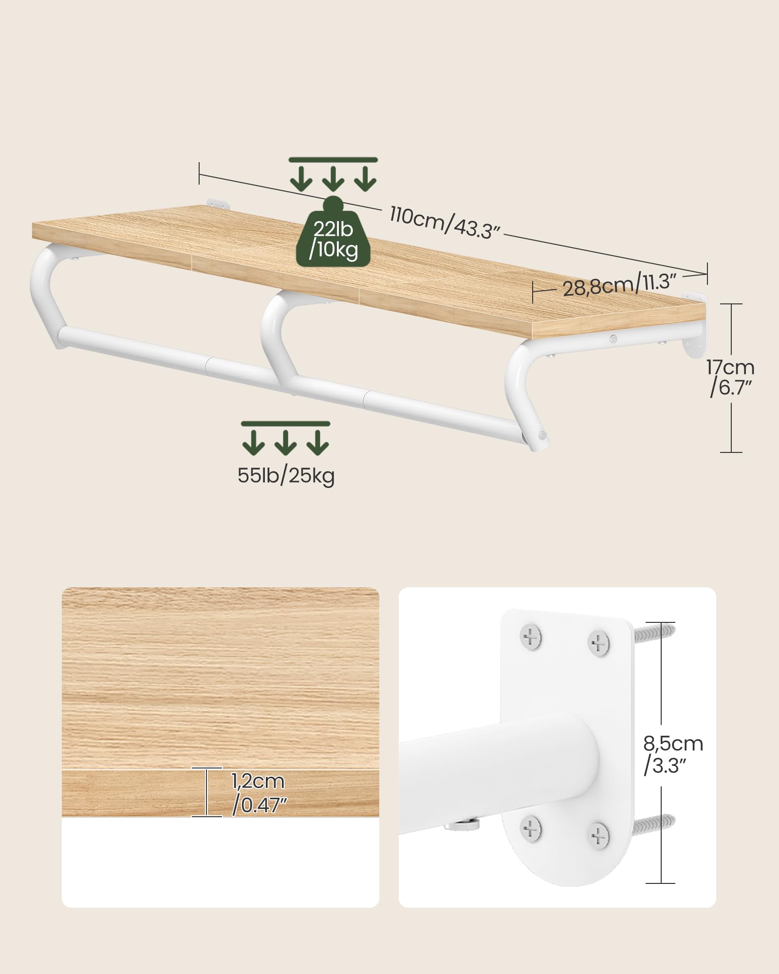 CHOEZON Perchero de Pared, Estantería de Baño con Barra para Colgar Ropa, Perchero de Pasillo, Colgador de Pared para Dormitorio, Pasillo y Lavadero, Natural y Blanco DTYM02NW