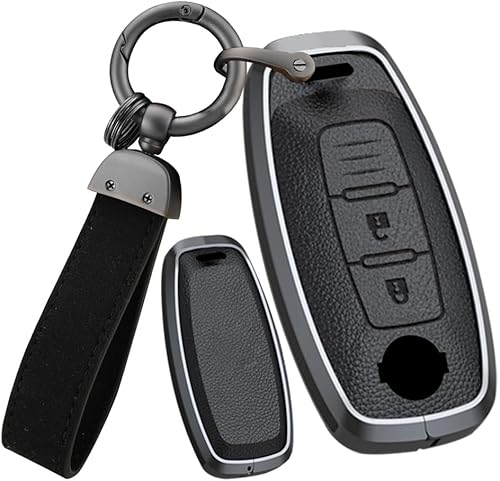 ontto Fit for Nissan 2023 2024 Key Fob Case Metal Key Shell Leather Key Skin 360 Degree Protection Key Holder for Rogue Pathfinder X-Trail Versa