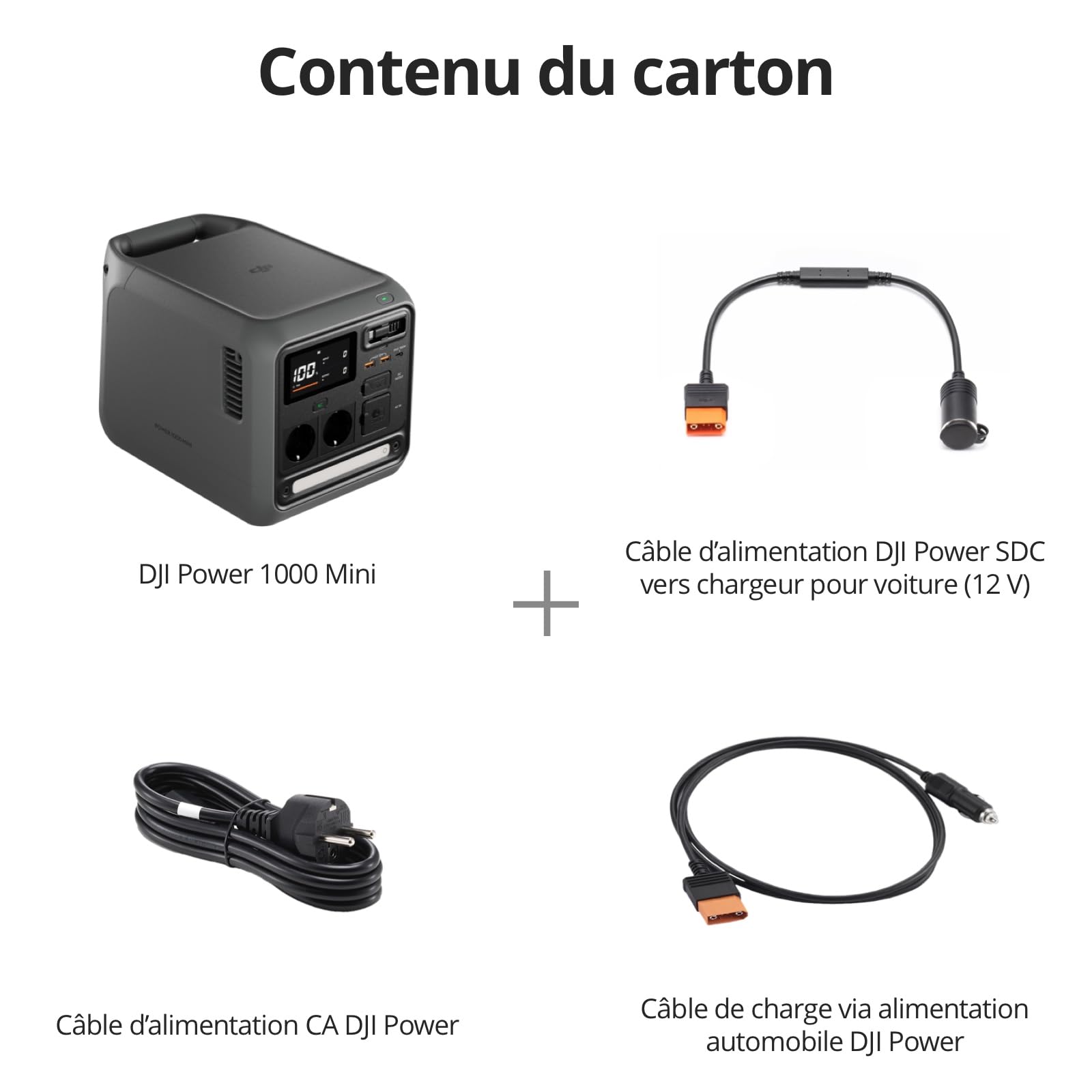 Station électrique portable DJI Power 1000 Mini, batterie LFP de 1 008 Wh, format compact, sortie maximale de 1 000 W, alimentation automobile, câble SDC vers allume-cigare (12 V), camping, road trips