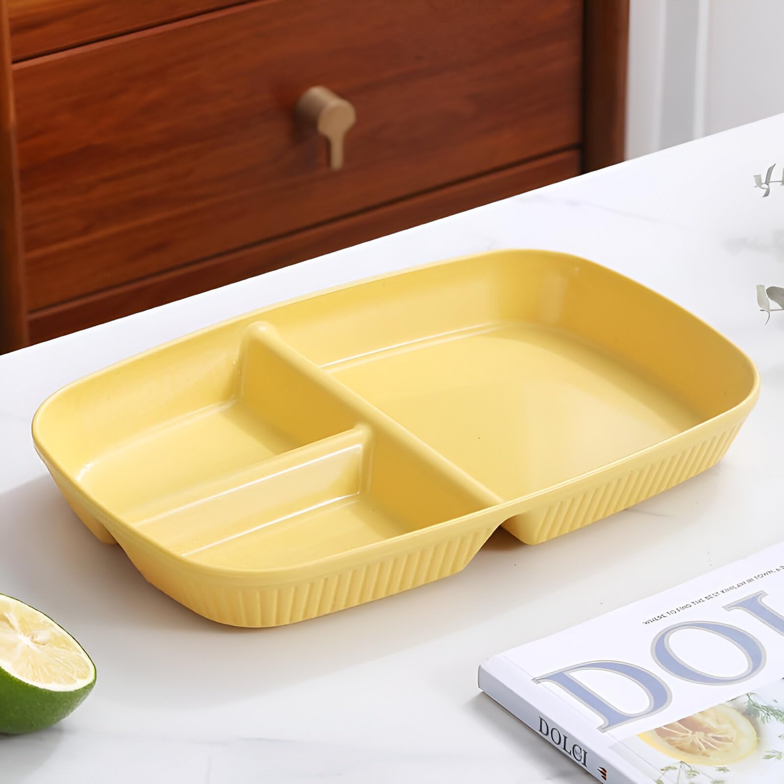 Amillee Wheat Straw Rectangular Divided Plates for Healthy Eating, 3 Sections Dinner Plates for Adults, Kids, Campers, and Portion Control, Microwave and Dishwasher Safe Dish (Pack of 2, Yellow) 1