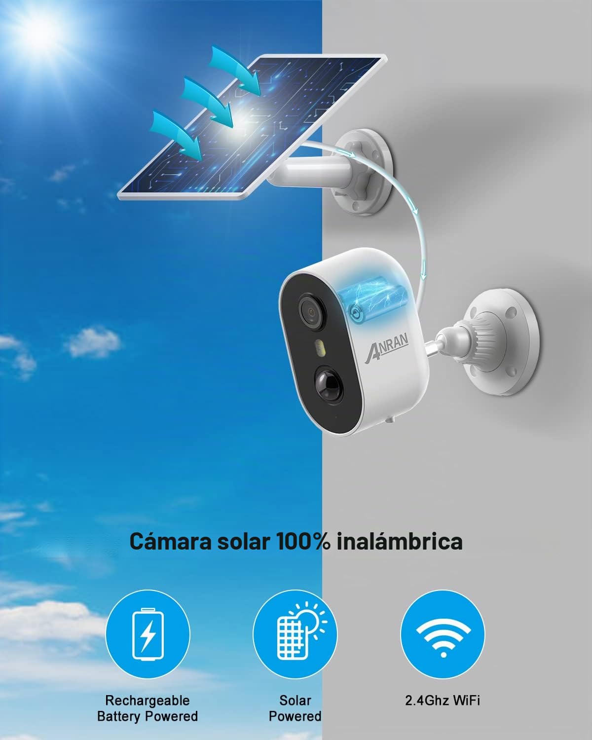 ANRAN 2K Cámara Vigilancia WiFi Exterior Solar Sin Cables con Bateria | Detección de Movimiento Humano PIR, Visión Nocturna en Color, Audio de 2 Vias, Compatible Alexa, C2 Blanco