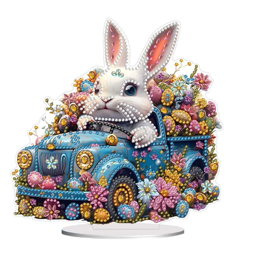 Easter Diamond Art Painting Desktop Kit with Stand, Special Shaped Diamond Art Tabletop Ornament, DIY Decor Craft Gift for Adults Beginners(Easter Egg Car)