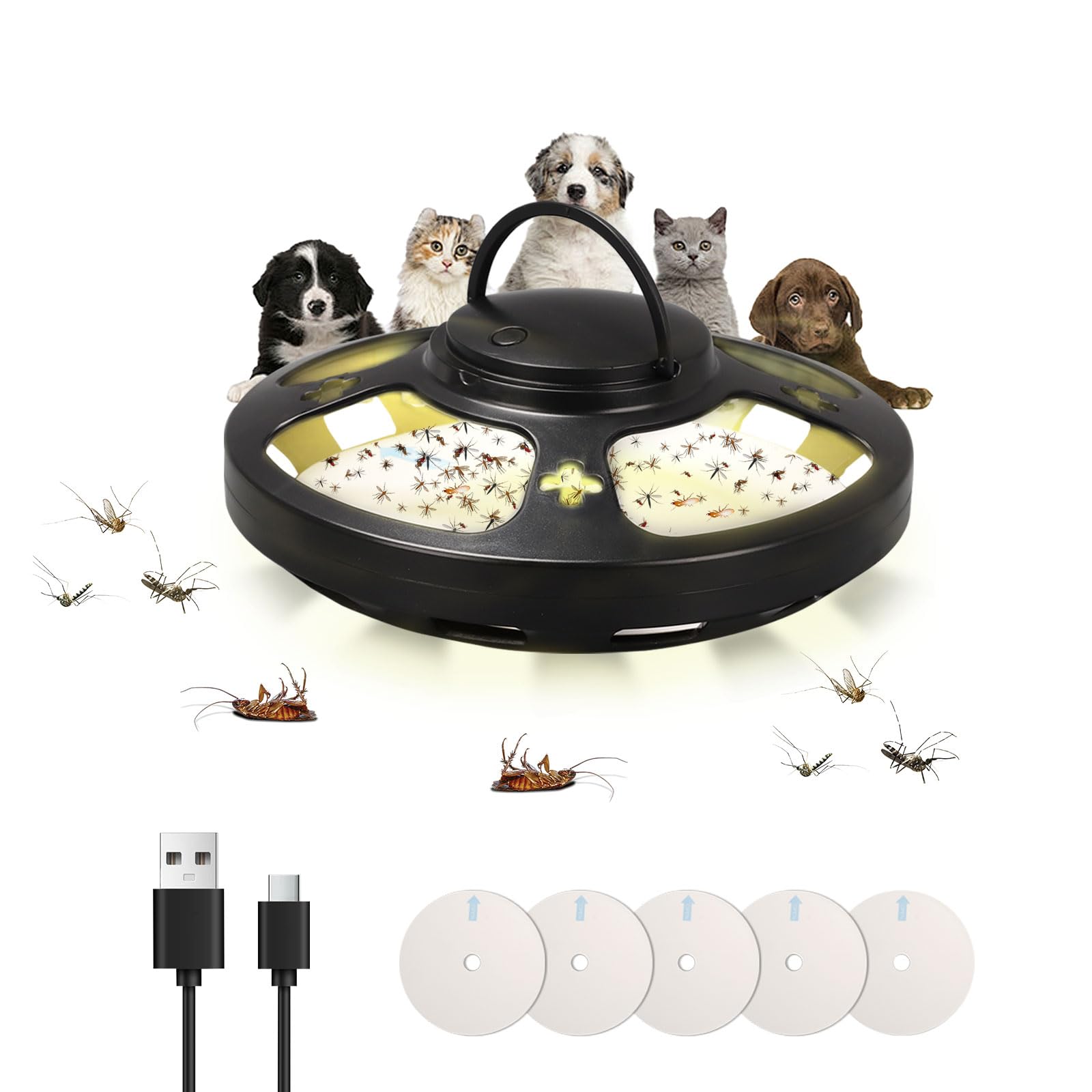 Flea Traps for Home, Flea Lamp Traps for House with 6 Stickers and with 4 Modes, Non-Toxic, Odorless, Fleas Trap Lamps Kit for Carpets Bedding Bedroom Living Room, USB, Two Color Light (Black)