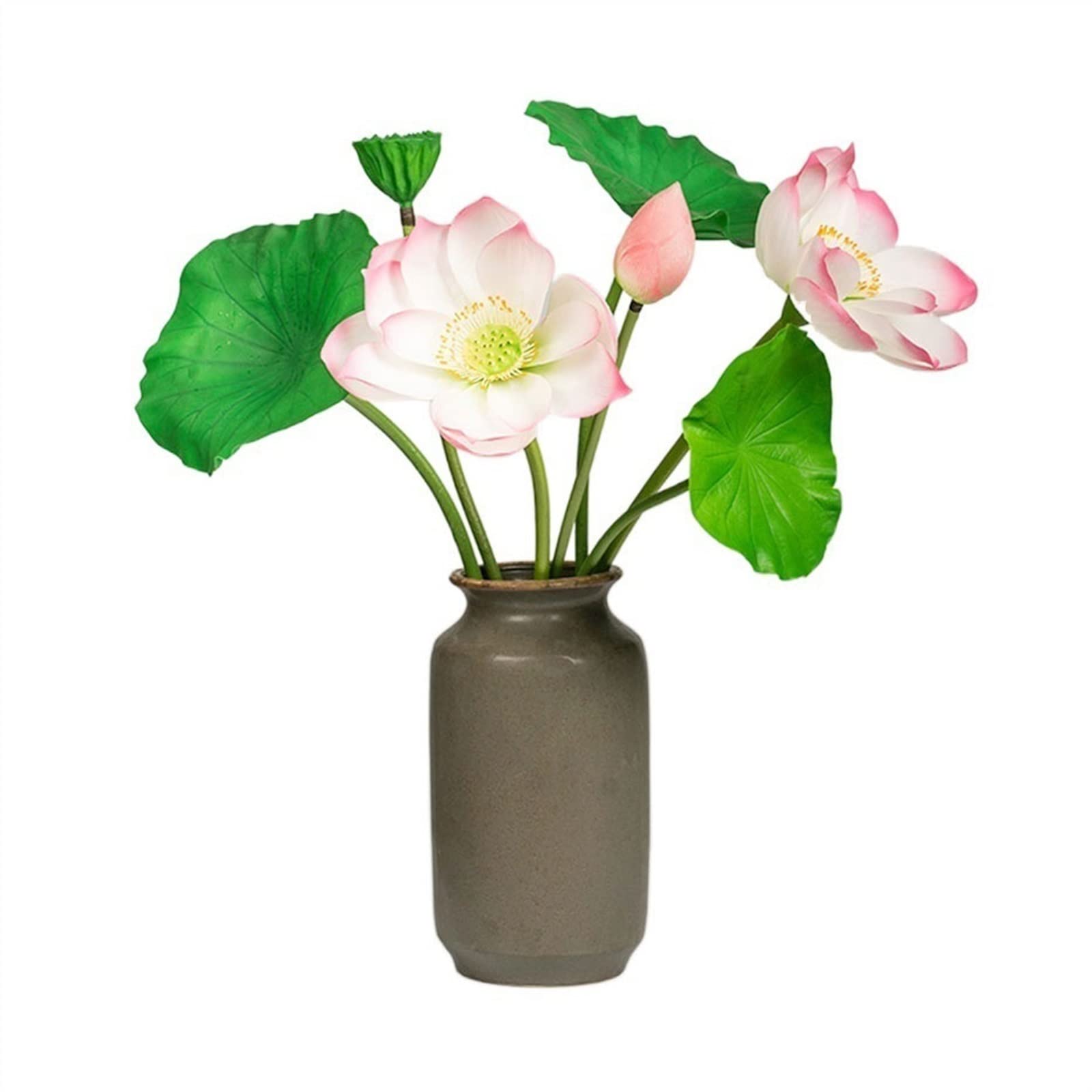 MYUYEE Artificial Flowers Pu Simulation Lotus Chinese Zen Ornaments Lotus Leaves Fake Flowers Decorative Artificial Plants With Ceramic Vase Decoration Bouquets(C-B)