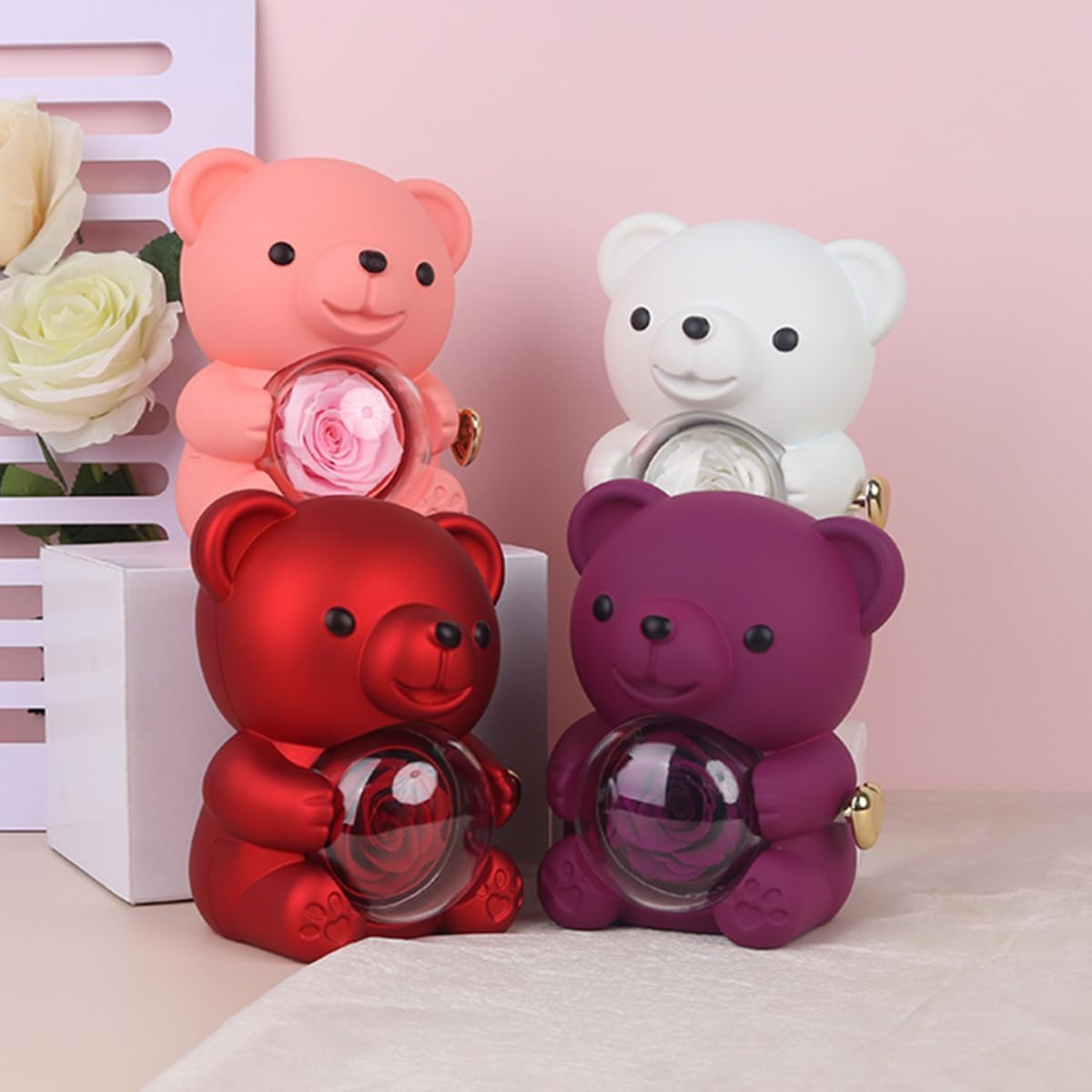 Generic Preserved Purple Real Rose & Purple Bear Box with Heart I Love You Necklace Box and Eternal Flowers Rose Birthday Gifts for Her Mom Wife Girlfriend Grandma on Valentines Mothers Day Christmas