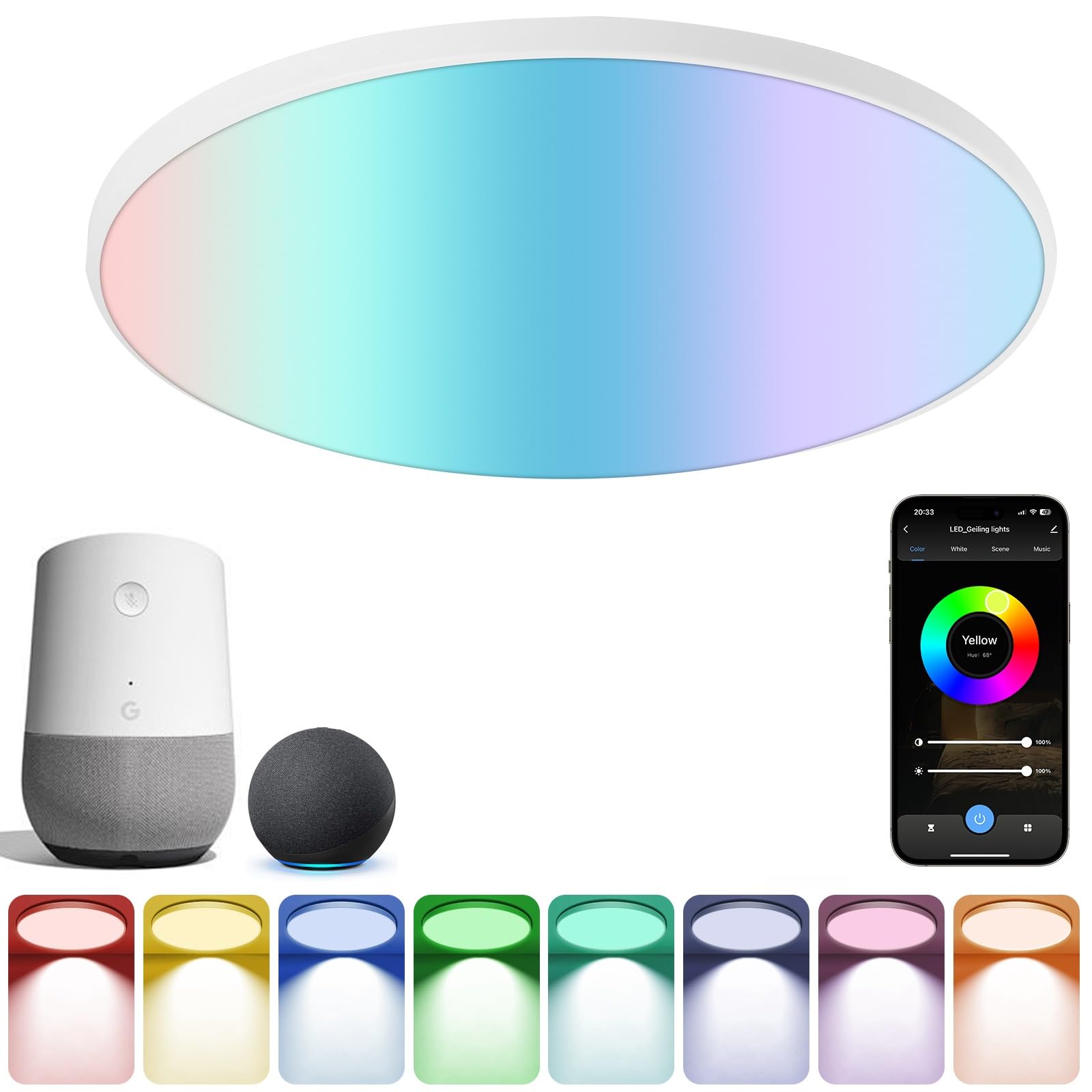 HOTUT - RGB LED Ceiling Light, Remote Control APP Control Lamp, 24W LED Ceiling Light, Dimmable LED Ceiling Light 3000K-6500K, LED Ceiling Light for Kitchen, Bathroom, Office
