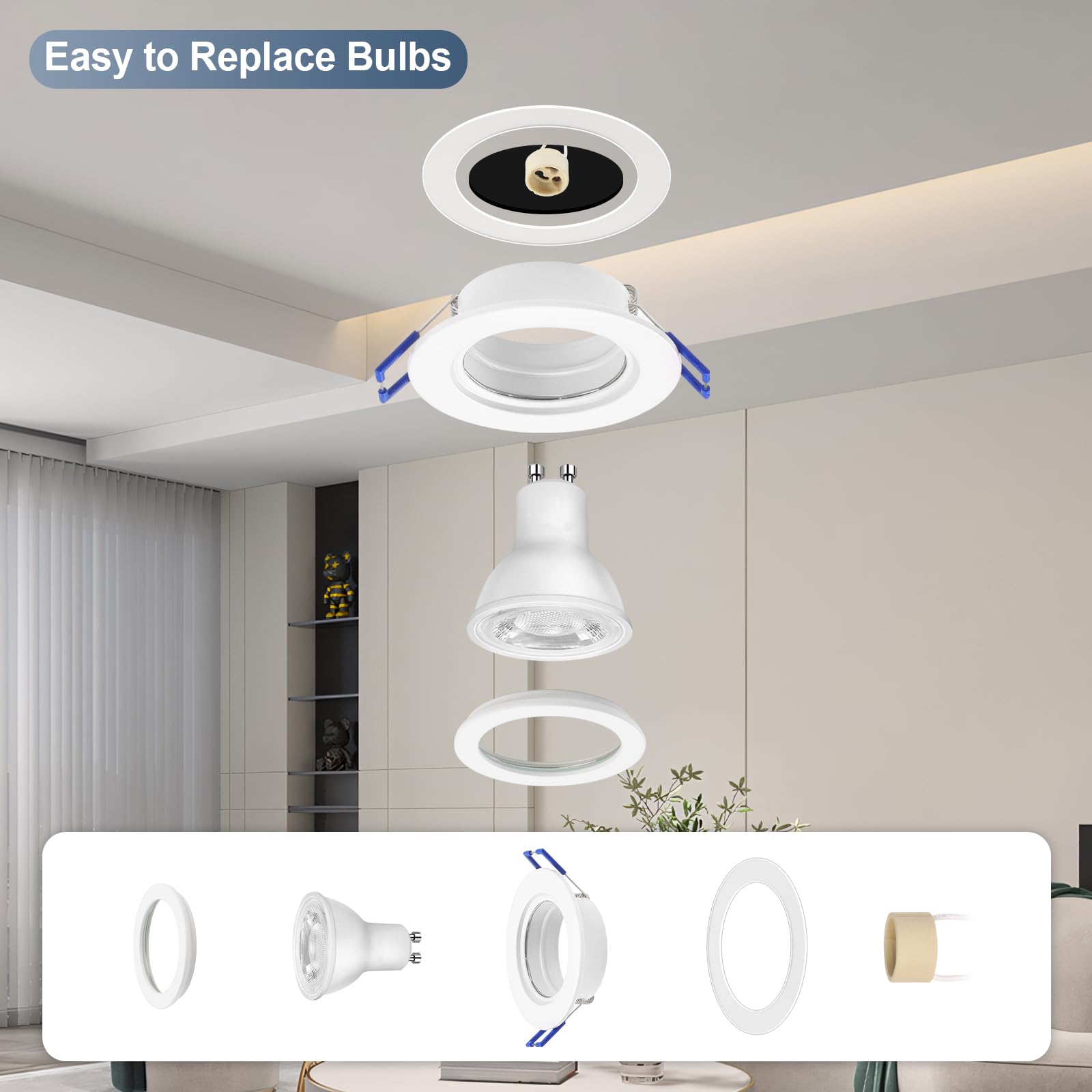 KYOTECH Lot de 4 Spot Encastrable GU10 LED pour Salle de Bain IP44 Spots de plafond 68mm - Cadre Rond Blanc avec Douilles GU10 pour Lampes Halogènes MR16 et Modules LED