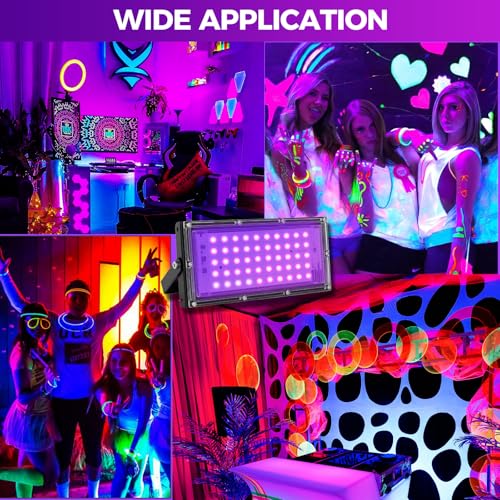 Image of 50W LED Black Lights for Glow Party, IP65 Waterproof UV Blacklight Floodlight 395nm Black Light Spotlight Purple Black Light Flood Light Fluorescent UV Light Lamp for Halloween Decor (4 Pack)
