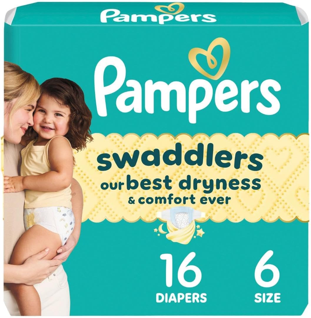 Pampers Swaddlers Diapers, Size 6 (23-44 lbs), 16 Count, Absorbent, Keeps Baby Dry and Comfortable, Skin Safe Disposable Baby Diaper (Packaging May Vary) Size 6 16