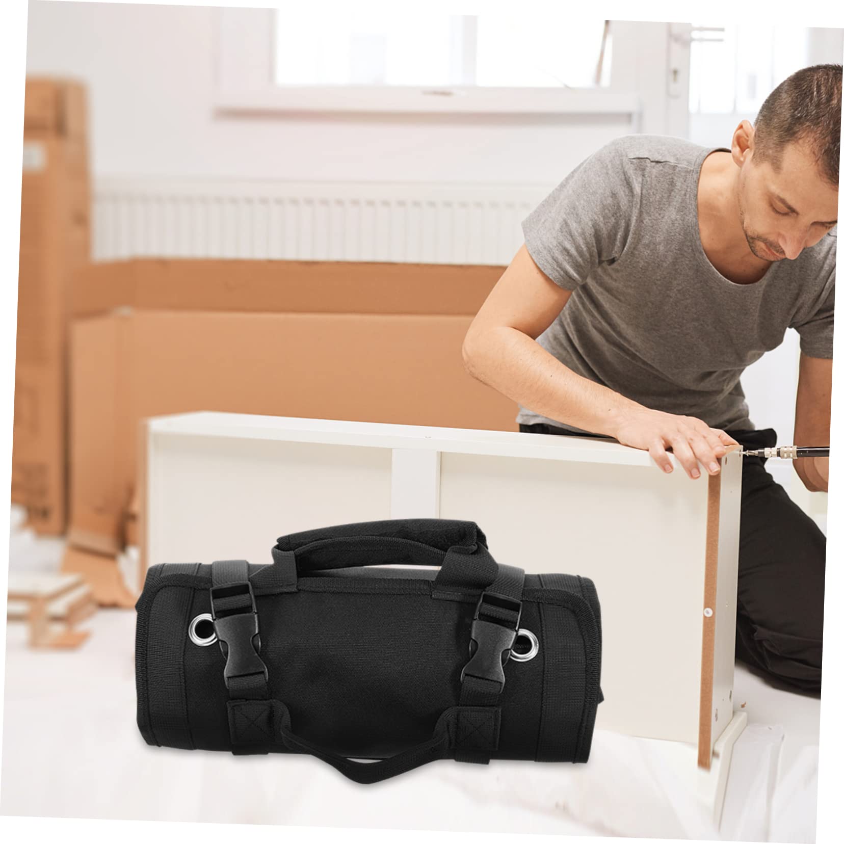 Paquet à Outils Enroulable en Toile Oxford Noire, Poignée, Accès Facile, Rangement Pratique pour Électricien, Menuisier et Atelier