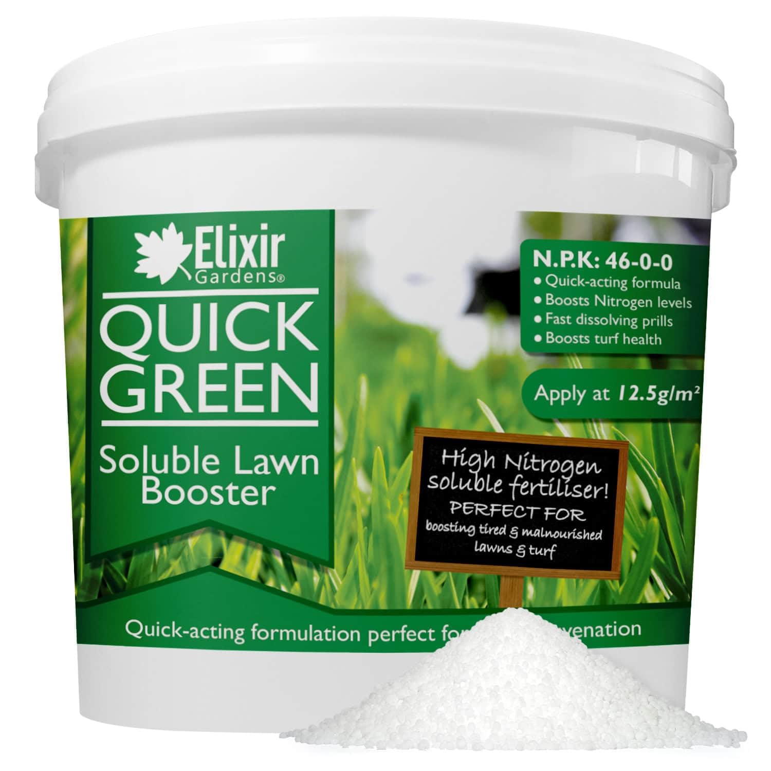 Elixir Gardens QuickGreen Soluble Urea Lawn Booster (46% Nitrogen) | 1kg- 25kg Weights | High-Nitrogen Grass & Turf Fertiliser/Feed (N.P.K:46-0-0) | 3kg Tub